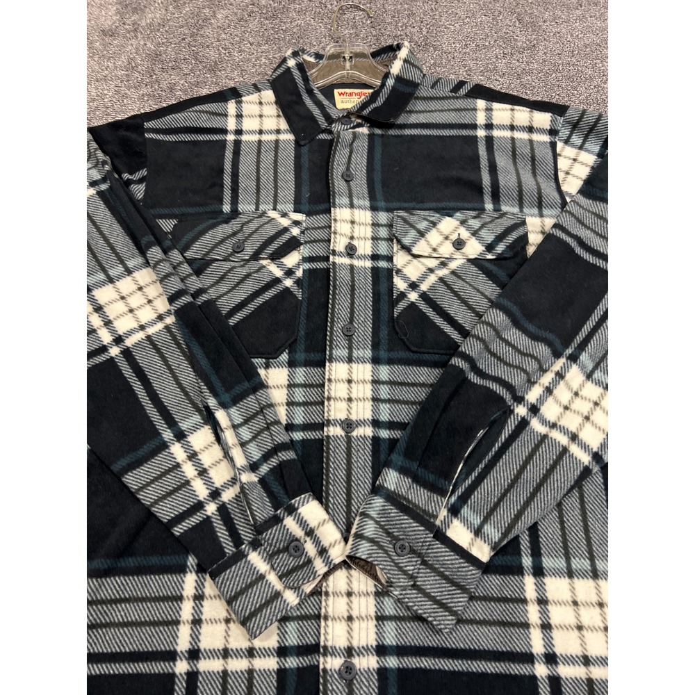 Wrangler Authentics Mens Large Fleece Plaid Button Down Shirt Navy Blue White